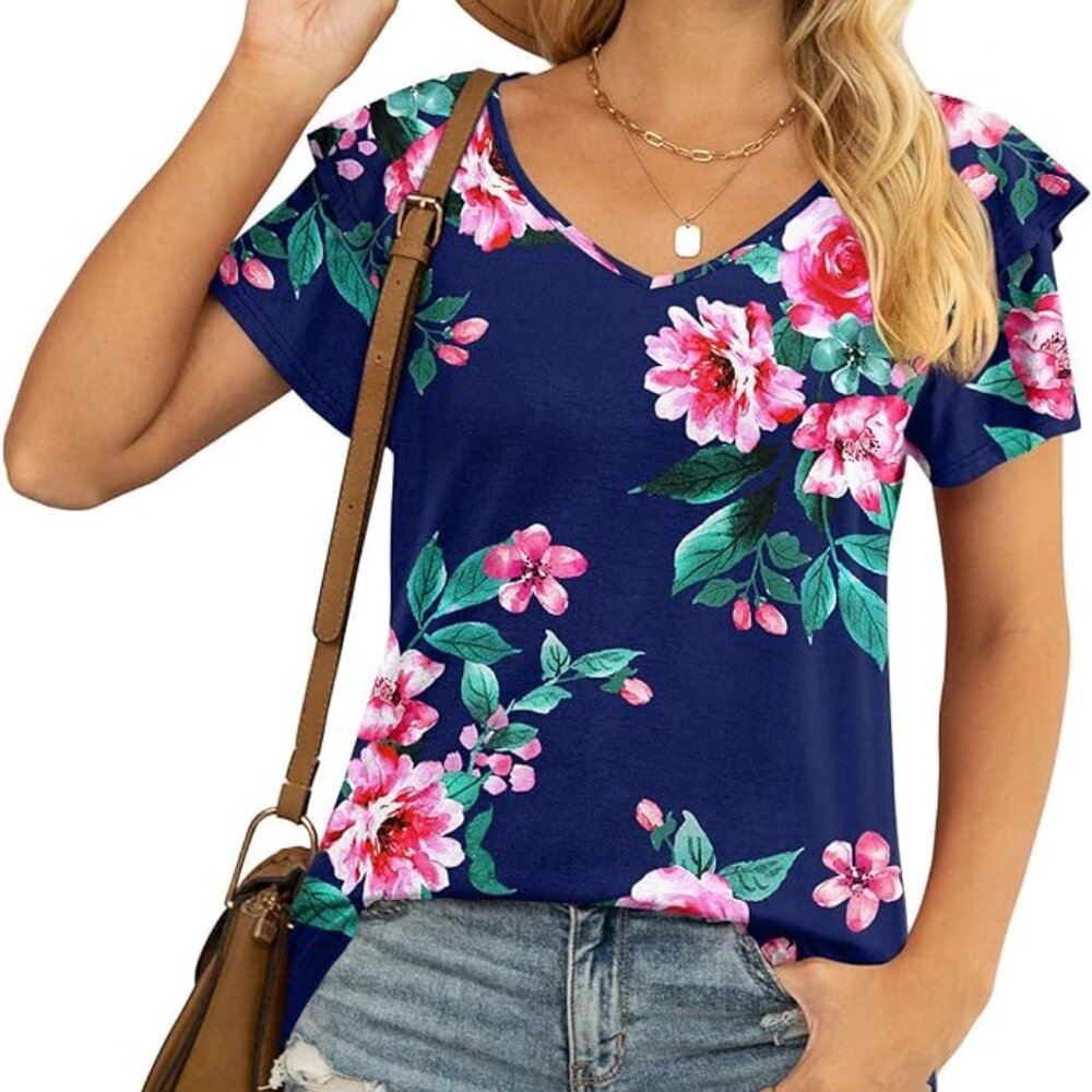 Womens Summer Tops Casual V Neck Ruffle Short Sleeve T Shirts Loose Fit …